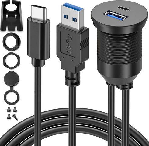 USB Type C 3.0 and USB 3.0 Male to Female Flush Mount Cable, Waterproof Kit for Car Dash Panel Mount Adapter