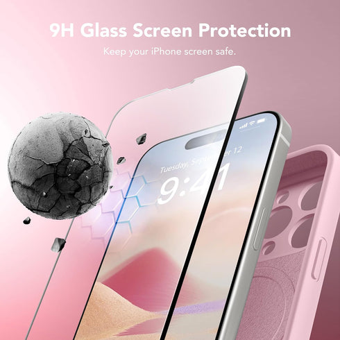 Chalk Pink iPhone 14 Pro Case, Silicone Shockproof, MagSafe Compatible, Full Camera Protection & 2 Screen Protectors.