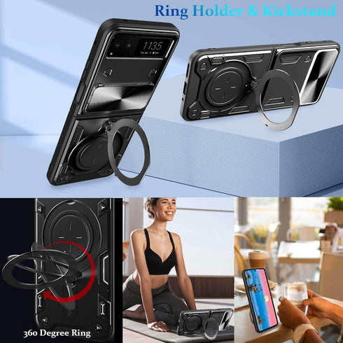 for Motorola razr 2023 Case, Metal Ring Holder Stand Cover with Camera Protector, Full Protection Shockproof (Black)