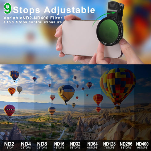 Beysfilter 52MM ND2-ND400 16/15/14/13 Phone Variable Filter, Multi-Coating Clip Adjustable Neutral Density Lens Kit