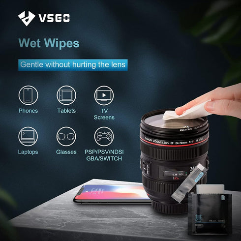 VSGO VS-A2E Professional Lens Cleaning Kit with Air Blower, Microfiber Cloth, Wet Wipes, Lens Cleaner, Metal Brush,