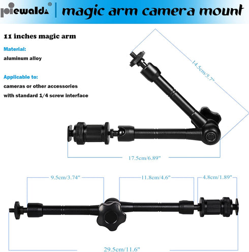 Camera Magic Arm, 11 Inch Metal Adjustable Friction Arm with Super Clamp/Phone Clip for Action Camera/DSLR