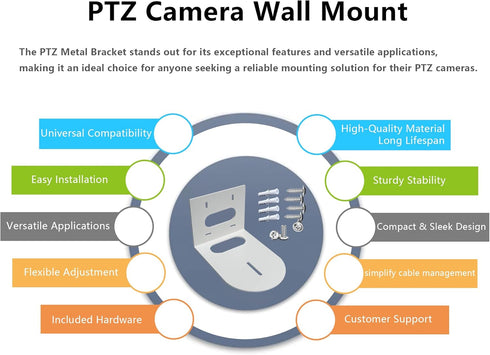 PTZ Camera Wall Mount Bracket, Universal Solid Metal Mount for All PTZ Cameras, Includes Mounting Screws (White)