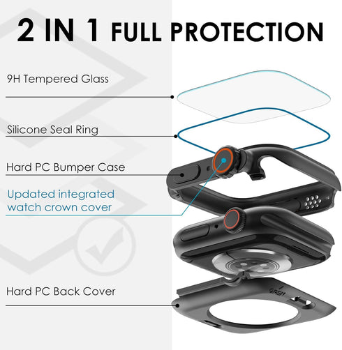 Ultra Look - Fullife 2 in 1 Apple Watch Case Series 9 45mm, Waterproof Screen Protector, Full Protective Bumper (Black)