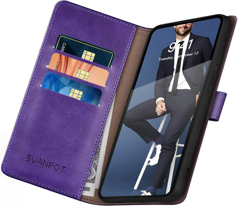 SUANPOT RFID Blocking Leather Wallet Case for Samsung Galaxy S22 Ultra, Shockproof Flip Folio Cover Purple