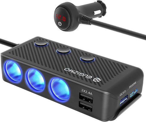 Cigarette Lighter Plug Splitter, 3 Socket 200W Car Cigarette Lighter Adapter USB Charger Extension Cord Multi Port