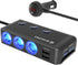 Cigarette Lighter Plug Splitter, 3 Socket 200W Car Cigarette Lighter Adapter USB Charger Extension Cord Multi Port