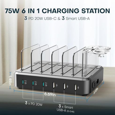 Charging Station for Multiple Devices - 75W 6 Port Charger with 3 PD 20W USB C Fast Charging Ports