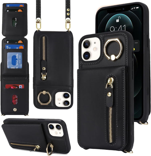 iPhone 12 Case with Card Holder for Women, iPhone 12 pro Phone Case Wallet with Strap Credit Card Slots Crossbody with Kickstand Zipper Case - Black