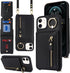 iPhone 12 Case with Card Holder for Women, iPhone 12 pro Phone Case Wallet with Strap Credit Card Slots Crossbody with Kickstand Zipper Case - Black