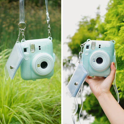 Rieibi Clear Case for Fuji Instax Mini 12, Glitter Case Bag with Back Pocket, Strap, and Photo Album