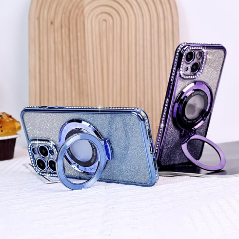 Fycyko Magnetic Case for iPhone 13 Pro Max, Blue Rhinestone Glitter, Shockproof Kickstand, Compatible with MagSafe