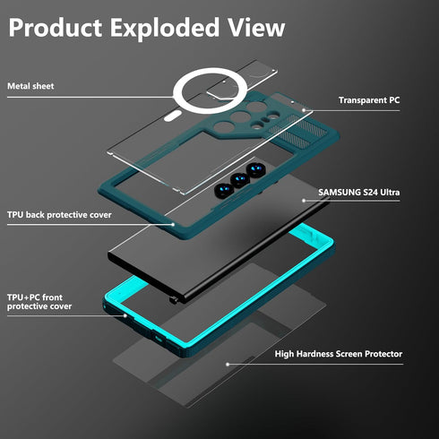 Guppy Galaxy S24 Ultra Case: Magnetic, Waterproof, IP68, 6.6FT Drop Proof, Built-in Screen Protector, Rugged Cyan.