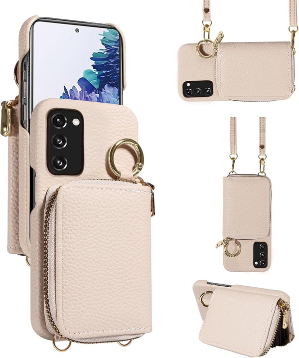 Furiet Wallet Case for Samsung Galaxy S20 FE 5G, Zipper Flip Organ Purse, Card Holder, White