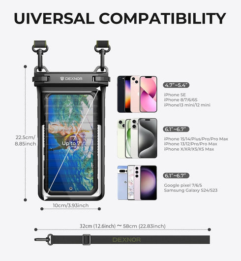 Dexnor IP68 Waterproof Phone Pouch, Universal 3D Cellphone Dry Bag Case with Adjustable Double-hook Lanyard for iPhone 15 14 13 12 Pro Max XS Plus Samsung Galaxy S24 S23 Cell Phone Up to 7.0"(Black)