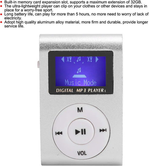 Zerone MP3 MP3 Mini Player, Portable Mini Player Sports Digital Media Player BackClip LCD Screen Support Memory Card