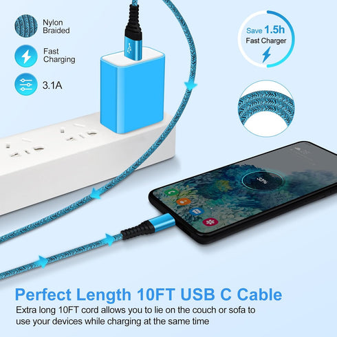 Type USB C Long Samsung S24 S23 Charger Cable 10ft 2Pack for Samsung Galaxy A15 5G A25 A14 A54 S22, iPhone 15 Pro Max