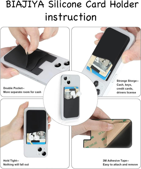 BIAJIYA Card Holder for Back of Phone, Stick-on ID Credit Adhesive Silicone Pouch Wallet for All Smartphones