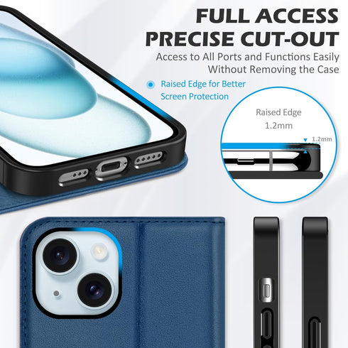 SHIELDON 15 2023, 15 6.1" Case for iPhone Genuine Leather Wallet Foldable Case with Kickstand RFID Blocking Card Holder