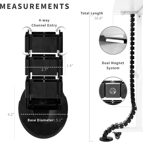 VIVO Magnetic Vertebrae Cable Management Kit for Desk, Adjustable Quad Entry Wire Organizer for Home Office, Black