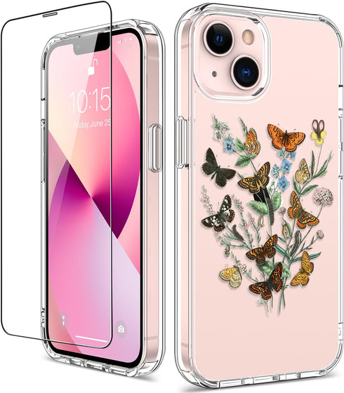 GiiKa iPhone 13 Case with Screen Protector, Clear Protective Floral Shockproof Hard Case with TPU Bumper