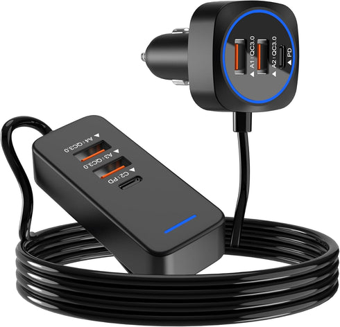 Car USB Charger Multi Port with 5.9FT Extension, QC3.0 76W Fast Charging Adapter for Mobile Phones and iPad