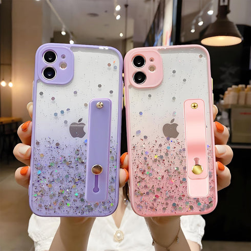 siduater Strap Holder Case for 6.1" iPhone 12 with Wristband Kickstand, Bling Glitter Sparkle Clear Cover (Pink)