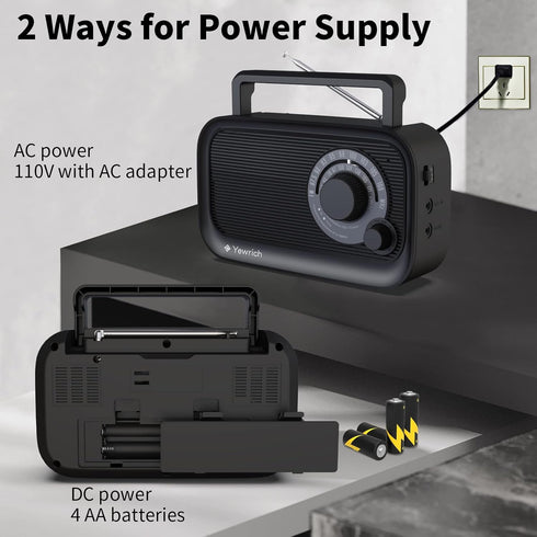 AM FM Radio with Best Reception, Portable Bluetooth Speaker Radio, Battery Operated or AC Power, Black