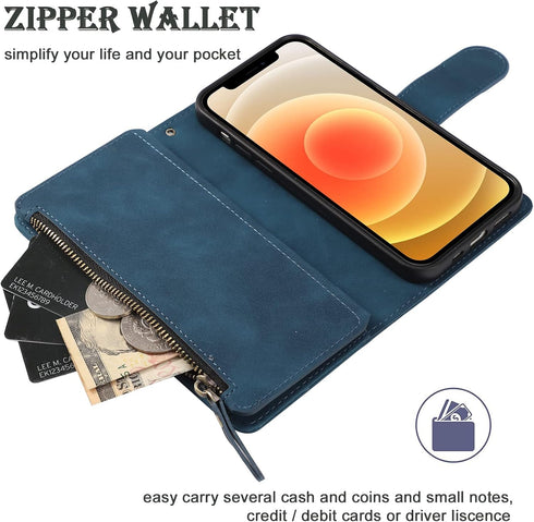 RANYOK Blue Wallet Case for iPhone 12/12 Pro (6.1 inch), Premium PU Leather Zipper Flip Folio with RFID Blocking