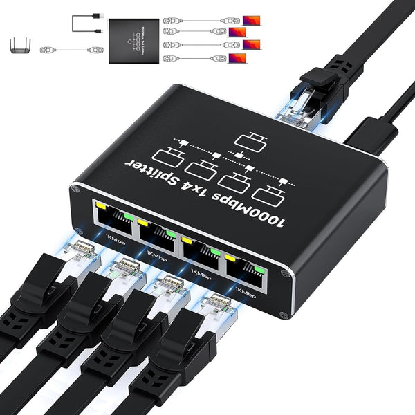 Siawclub Ethernet Splitter 1 to 4, 1000Mbps High-Speed Internet Splitter, Gigabit RJ45 Port