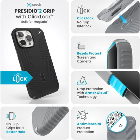 Speck 2 16 Presidio Grip iPhone Pro Max Case - MagSafe and ClickLock - Slim Black/Slate Phone Case