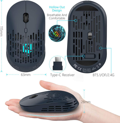 Type C Wireless Mouse, Dual Mode Rechargeable Silent Bluetooth Mice with 2.4G Receiver for Laptop, iMac, Chromebook