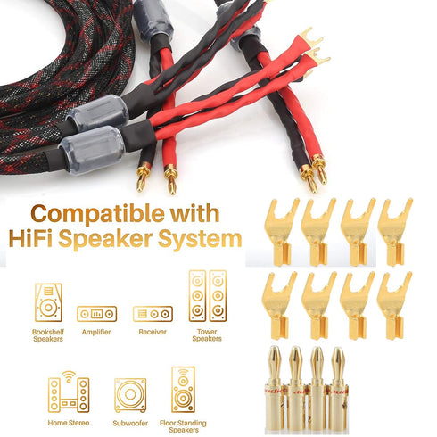 Tertullus 1 Pair Biwire Speaker Cable, 8 Spade Plugs, 4 Gold Plated Banana Plugs, HiFi for Stereo Receiver, 2m/6.56ft