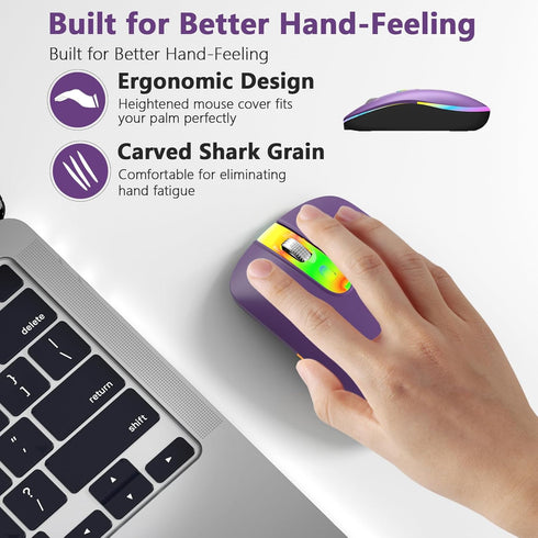 HZD LED Wireless Mouse, Slim Silent Rechargeable Mouse, 2.4G Portable USB Optical Mouse with Type C Adapter, 3 Adjustable DPI Levels 1600/1200/800 Computer Mouse for Laptop,PC,MacBook(Purple)