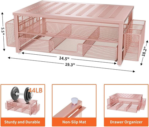 gianotter Desk Computer Monitor Stand Riser - Rose Gold Organizer with Drawer and 2 Pen Holders for Office Supplies