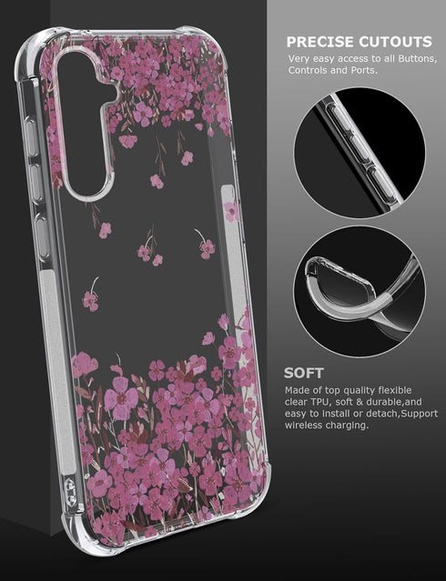 Floral Clear Case for Galaxy S23 FE, Pretty Flower Design Slim Soft Transparent TPU Protective Bumper Case for Women