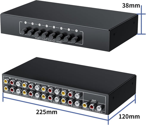 RCA Switch 8 in 1 Out Composite Video L/R Audio Selector Box, BolAAzuL 8-Way RCA Switcher - 8 Port AV Selector Switch