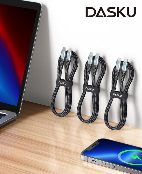 Dasku 10ft USB C to Lightning Cable 3-Pack, MFi Certified Fast Charger for iPhone 14, 13, 12, 11, iPad & More.