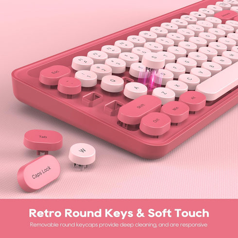 Wireless Keyboard and Mouse Combo, Retro Round Keycaps, Cute Full-Size Typewriter Keyboard with Phone Holder, 2.4GHz