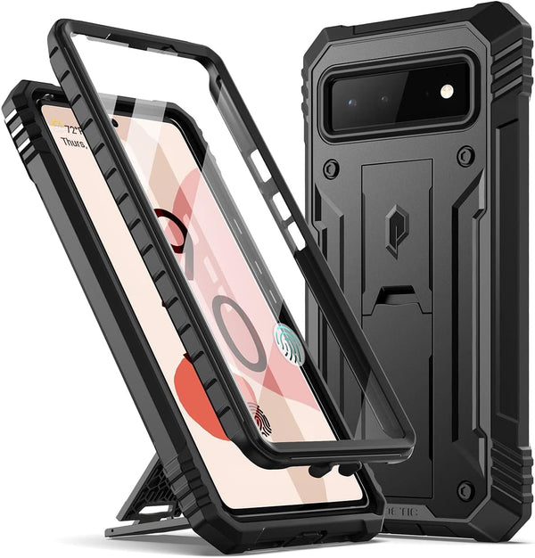 Poetic Revolution Case for Pixel 6 5G: Rugged Shockproof Cover with Kickstand & Built-in Screen Protector, Black.