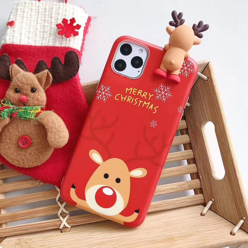 Christmas iPhone 15 Pro Max Case (Red) - Merry Christmas 3D Cute Snowman Santa/Elk Antlers Soft Silicone TPU