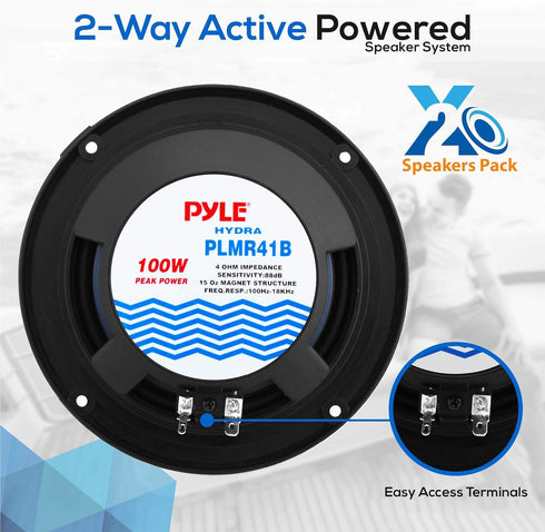 Pyle 4 Inch Dual Marine Speakers - Waterproof and Weather Resistant Outdoor Audio Stereo Sound System with Polypropylene Cone, Cloth Surround and Low Profile Design - 1 Pair - PLMR41B (Black)