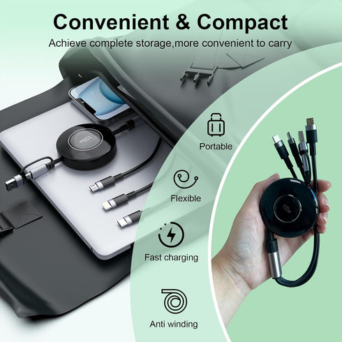 100W USB C Retractable 5-in-1 Charging Cable, Multi USB A/Type C to Lightning, 4FT PD 5A Fast Charger for iPhone,