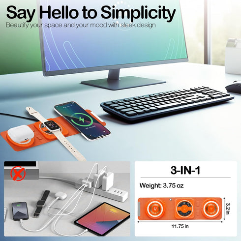 3-in-1 Foldable Magnetic Wireless Charger Keychain, 15W Fast Charger for iPhone 15/14/13/12, AirPods (Orange)