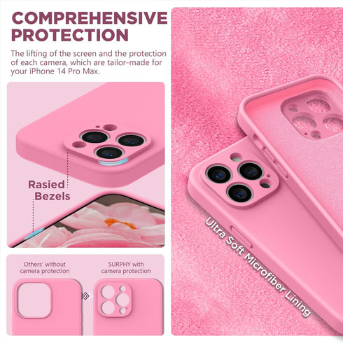 iPhone 14 Pro Max Case by SURPHY, Pink Liquid Silicone with Screen Protector, Camera Protection & Soft Microfiber