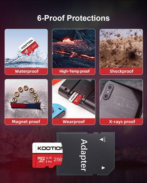 KOOTION 256GB Micro SD Card UHS-I U3 V30 4K for Camera, Action Camera, Drone, Smartphone with Adapter