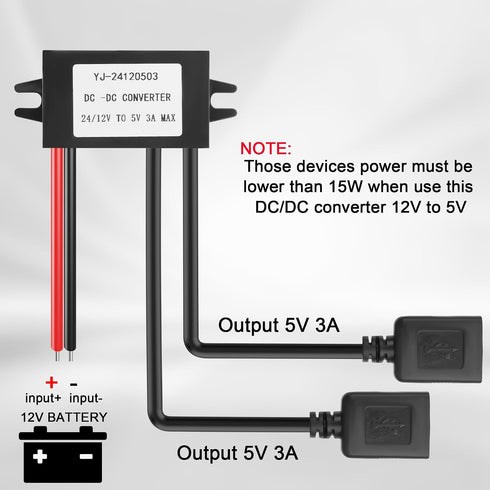 JSADZKJ 12V 24V 5V 3A 15W DIY30cm/1ft(Double DC to Dual USB Female Power Converter,DC-D C Step Down Power