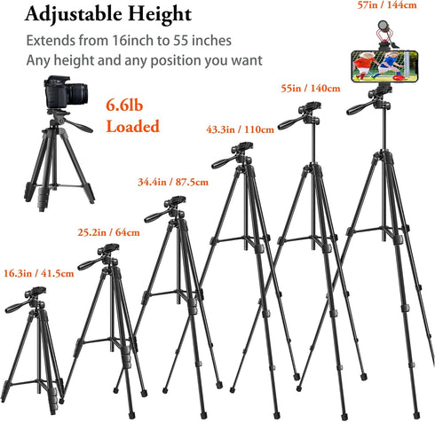 Peastrex 55'' Camera Tripod with Travel Bag, Cellphone Tripod with Remote, Aluminum Portable Travel Tripod Stand