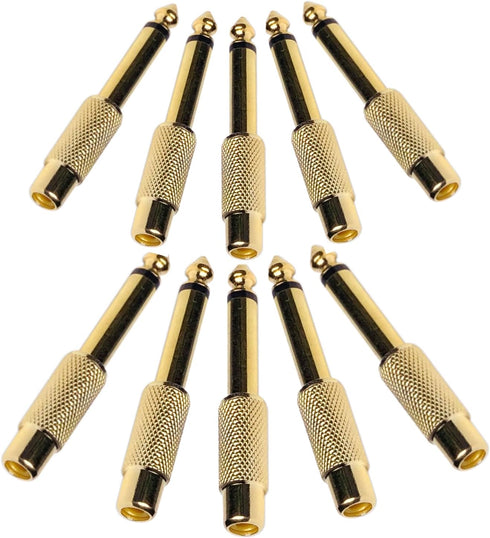 6.35mm 1/4" TS Plug to RCA Female Jack Adapter Connector - 10 Pack, Gold-Plated Mono Male to RCA Female
