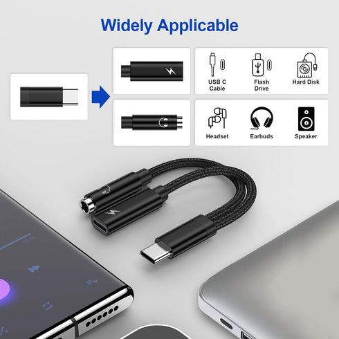 USB C to 3.5mm Samsung Headphone and Charger Adapter Compatible with Galaxy S24 S23 FE S22 S21 S20 Ultra Note 20 10,Google Pixel 7A 8 7 6 Pro 6A,2 in 1 USB C to AUX Mic Jack Fast Charging Dongle Cable
